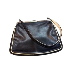 Furla Black Leather Kiss Lock Handbag Cream Trim